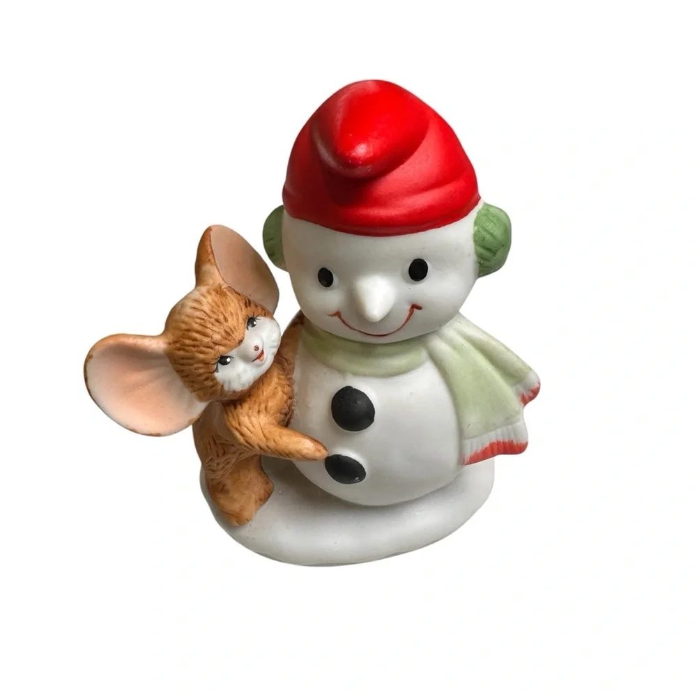 Vintage Homco 8905 2 Piece Christmas Snowman and Mouse Figures Set